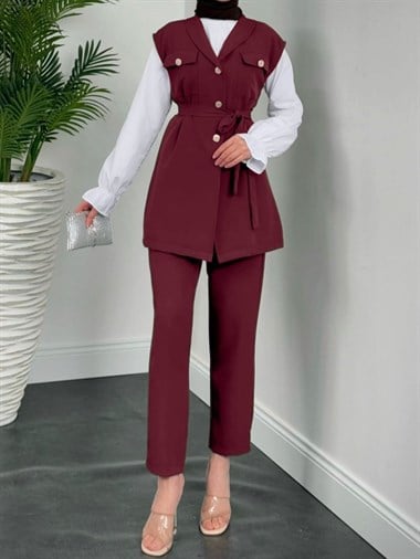 Sıfır Kol Önü Düğmeli Beli Kemerli Üçlü Takım  -Bordo
