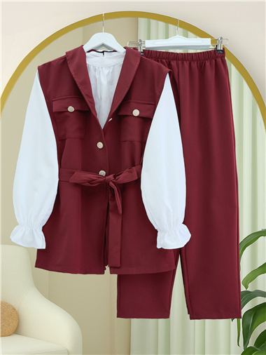 Sıfır Kol Önü Düğmeli Beli Kemerli Üçlü Takım  -Bordo