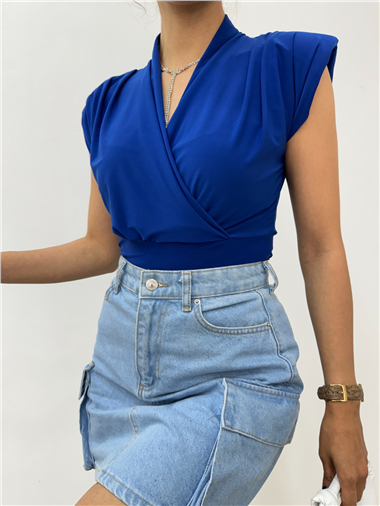 Sıfır Kol Vatkalı Kruvaze Model Sandy Bluz -Saks