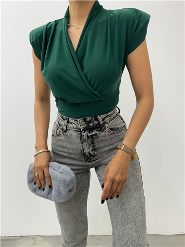 Sıfır Kol Vatkalı Kruvaze Model Sandy Bluz -Zümrüt