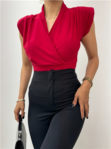 Sıfır Kol Vatkalı Kruvaze Model Sandy Bluz -Bordo