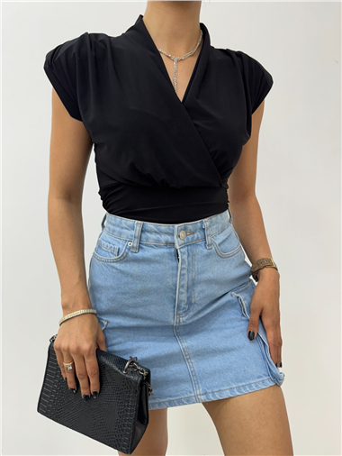 Sıfır Kol Vatkalı Kruvaze Model Sandy Bluz -Siyah