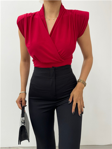 Sıfır Kol Vatkalı Kruvaze Model Sandy Bluz -Bordo