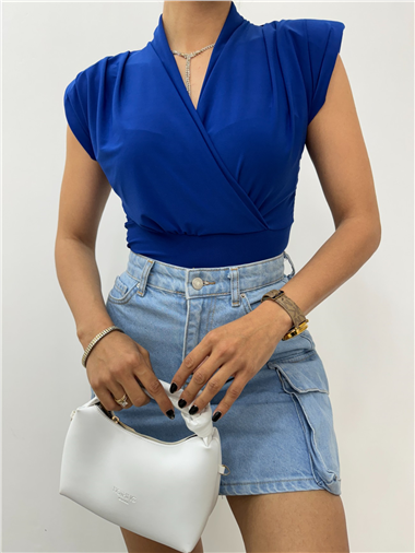 Sıfır Kol Vatkalı Kruvaze Model Sandy Bluz -Saks