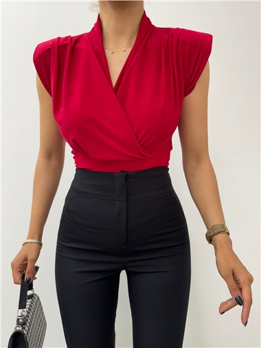 Sıfır Kol Vatkalı Kruvaze Model Sandy Bluz -Bordo