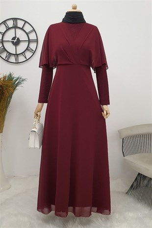 Simli Şifon Uzun Abiye -Bordo