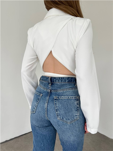 Sırt Dekolteli Beli Bağcıklı Crop Ceket -Beyaz