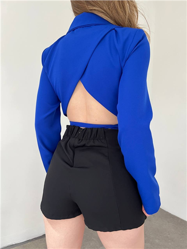 Sırt Dekolteli Beli Bağcıklı Crop Ceket -Saks