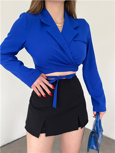 Sırt Dekolteli Beli Bağcıklı Crop Ceket -Saks