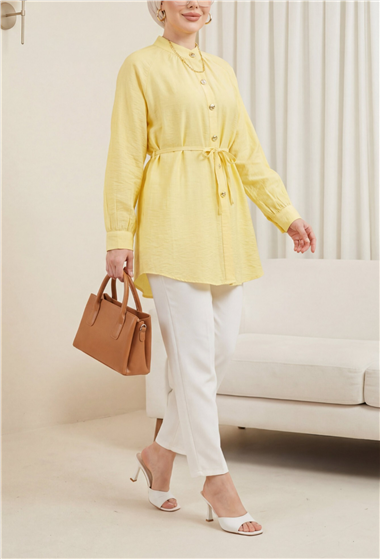 Süs Düğmeli Reglan Kol Bağcıklı Çilek Gömlek -Sarı