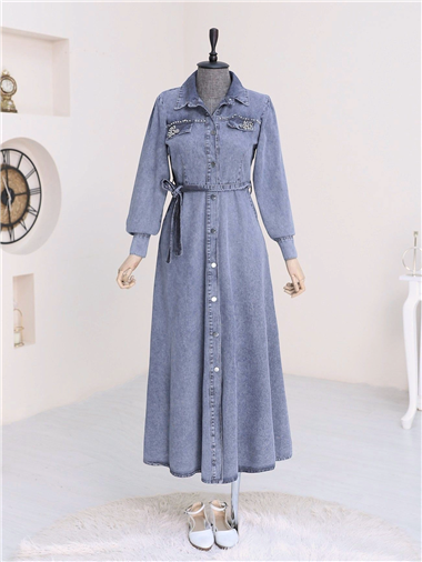 Taş Detaylı Boydan Düğmeli Kot Elbise -İndigo