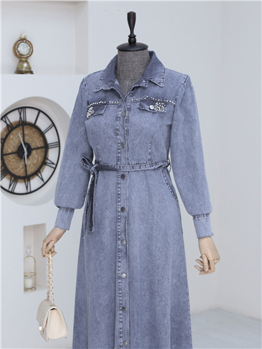 Taş Detaylı Boydan Düğmeli Kot Elbise -İndigo