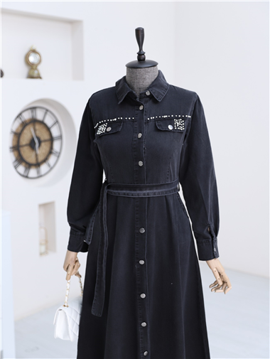 Taş Detaylı Boydan Düğmeli Kot Elbise -Siyah