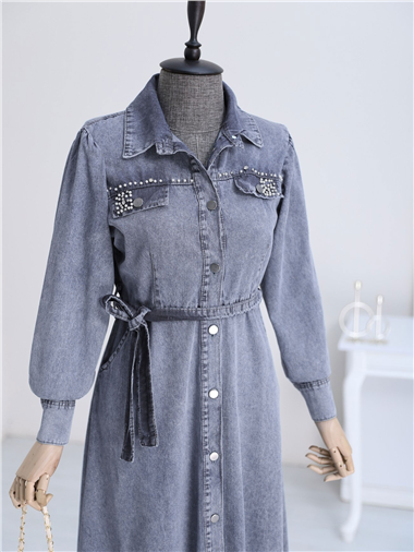 Taş Detaylı Boydan Düğmeli Kot Elbise -İndigo