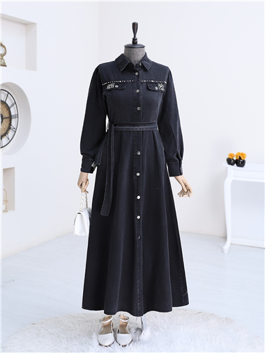 Taş Detaylı Boydan Düğmeli Kot Elbise -Siyah