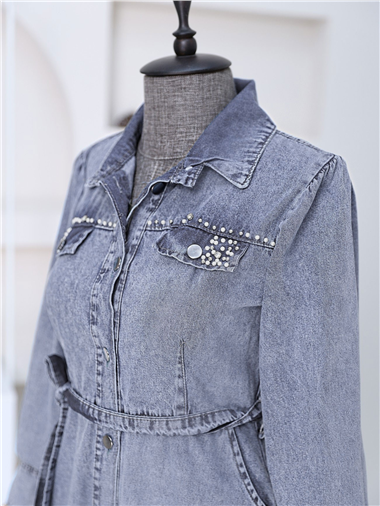 Taş Detaylı Boydan Düğmeli Kot Elbise -İndigo