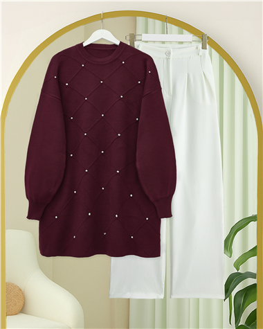 Taş Detaylı Kare Desenli Triko Tunik -Bordo