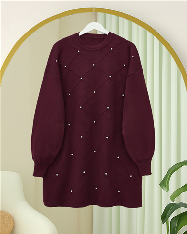 Taş Detaylı Kare Desenli Triko Tunik -Bordo