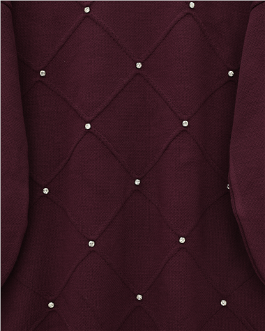 Taş Detaylı Kare Desenli Triko Tunik -Bordo
