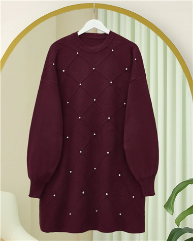 Taş Detaylı Kare Desenli Triko Tunik -Bordo