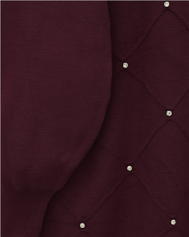 Taş Detaylı Kare Desenli Triko Tunik -Bordo