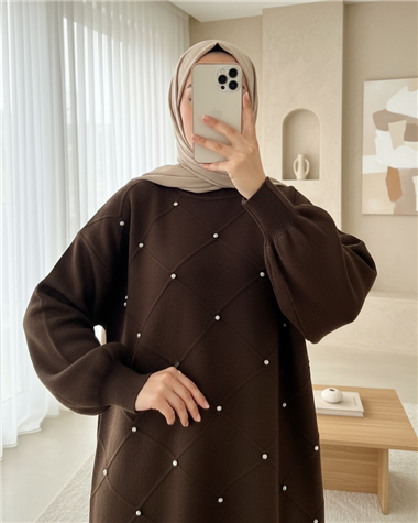 Taş Detaylı Kare Desenli Triko Tunik -Kahve