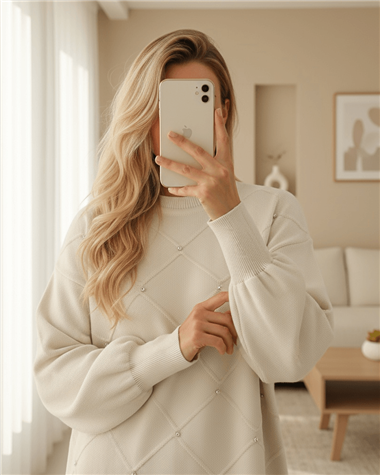 Taş Detaylı Kare Desenli Triko Tunik -Krem