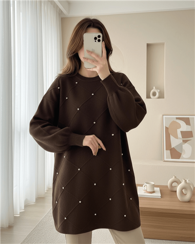 Taş Detaylı Kare Desenli Triko Tunik -Kahve