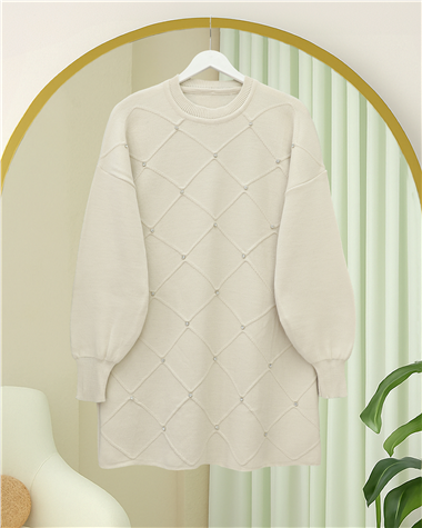 Taş Detaylı Kare Desenli Triko Tunik -Krem