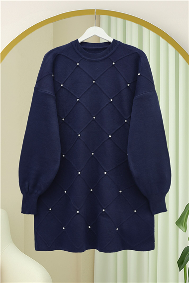Taş Detaylı Kare Desenli Triko Tunik -Laci