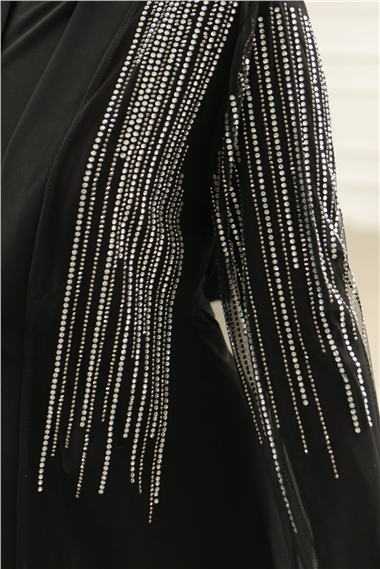 Taş Detaylı Kuşaklı İkili Abaya Takım -Siyah