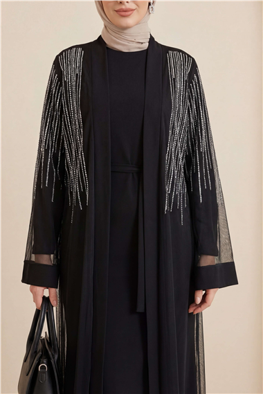 Taş Detaylı Kuşaklı İkili Abaya Takım -Siyah