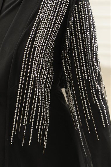 Taş Detaylı Kuşaklı İkili Abaya Takım -Siyah