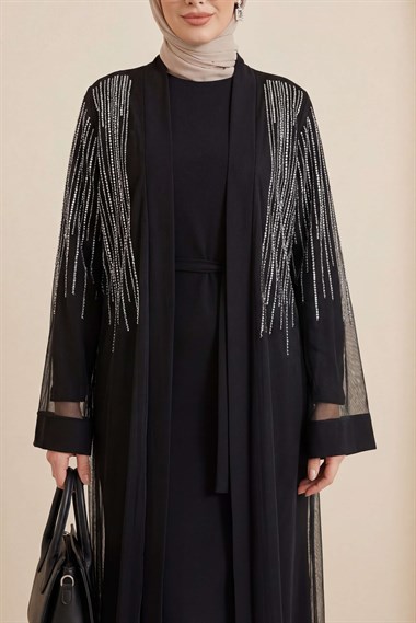 Taş Detaylı Kuşaklı İkili Abaya Takım -Siyah