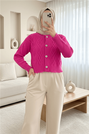 كارديجان قصير ممزق بأزرار حجرية - فوشيا