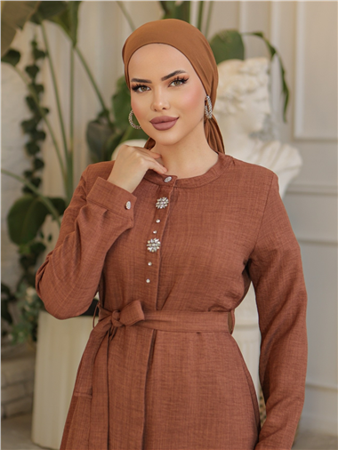 تونيك طويل من الكتان بأزرار مطرزة بالأحجار -K. قهوة