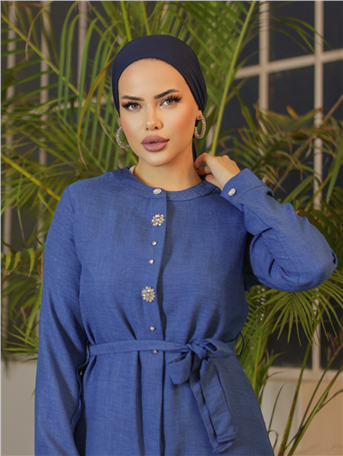 تونيك طويل من الكتان بأزرار مطرزة بالأحجار - نيلي