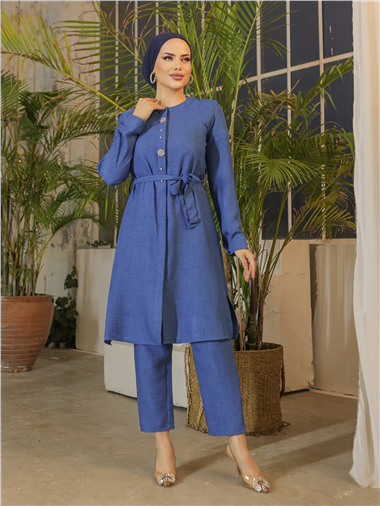 تونيك طويل من الكتان بأزرار مطرزة بالأحجار - نيلي