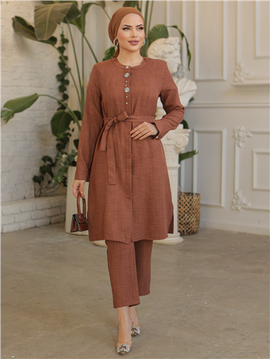 تونيك طويل من الكتان بأزرار مطرزة بالأحجار -K. قهوة