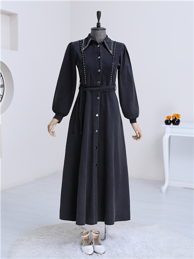 Taş İşlemeli Boydan Düğmeli Kuşaklı Kot Elbise  -Siyah