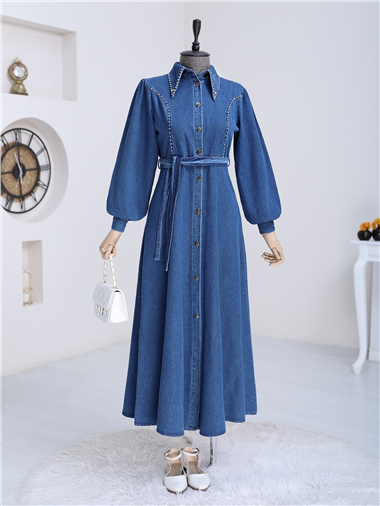 Taş İşlemeli Boydan Düğmeli Kuşaklı Kot Elbise -İndigo