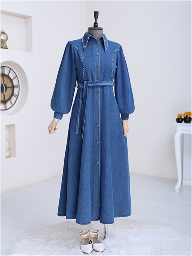 Taş İşlemeli Boydan Düğmeli Kuşaklı Kot Elbise -İndigo