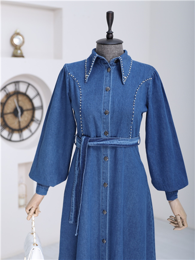 Taş İşlemeli Boydan Düğmeli Kuşaklı Kot Elbise -İndigo