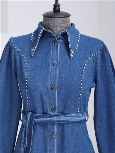 Taş İşlemeli Boydan Düğmeli Kuşaklı Kot Elbise -İndigo