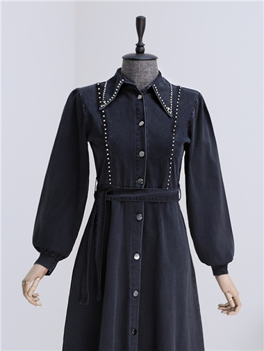 Taş İşlemeli Boydan Düğmeli Kuşaklı Kot Elbise  -Siyah