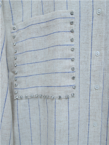 Taş İşlemeli Çizgili Keten Gömlek -Bej