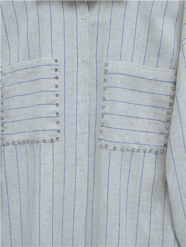 Taş İşlemeli Çizgili Keten Gömlek -Bej