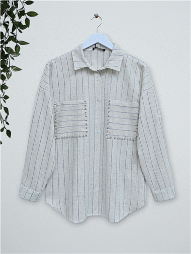 Taş İşlemeli Çizgili Keten Gömlek -Bej