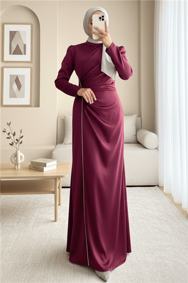 Taş Şeritli Beli Drapeli Saten Abiye -Bordo