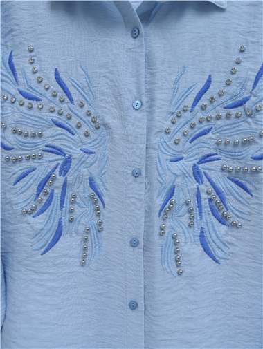 Taş Ve Nakış İşlemeli Keten Gömlek -Bebe Mavi